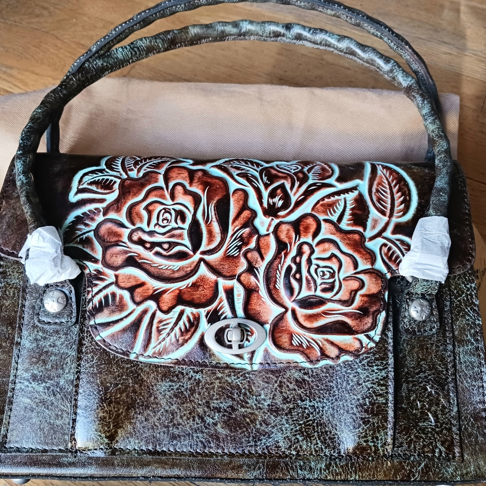 Patricia Nash Turquoise Rosetool Sanabria with Dust Bag Brand New Stunning